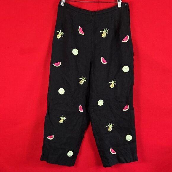 TALBOTS VINTAGE Linen Fruit Embroidered Cropped Pants Black Size 12P Lagenlook - Picture 1 of 10